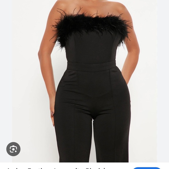 Fashion Nova Black Strapless Jumpsuit L Feather Trim Glam Sexy Girls night A164 - Picture 4 of 11